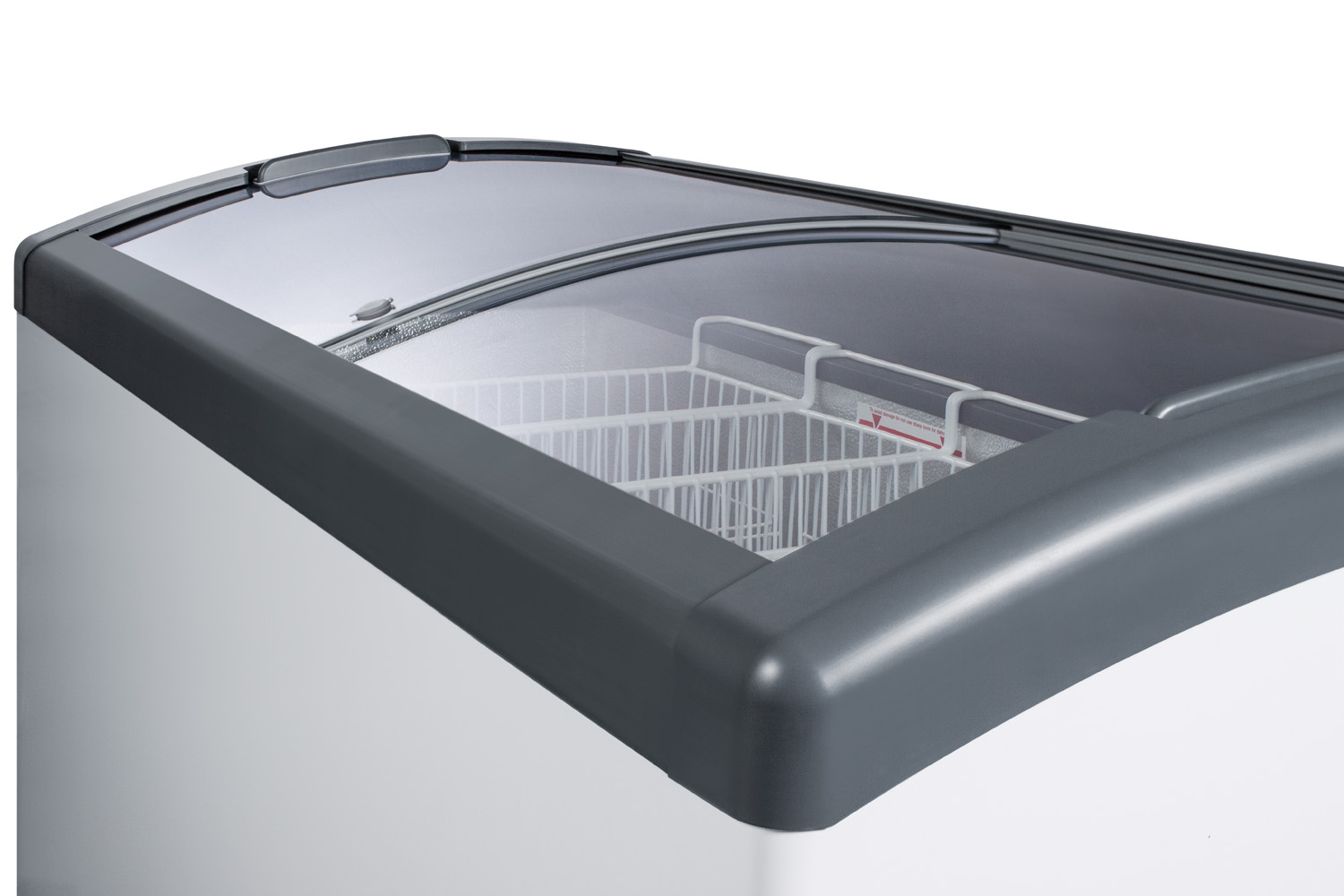 Curved top commercial ice cream freezer made in Denmark, with sliding glass lid, digital thermostat, novelty baskets, and 14.8 cu.ft. interior